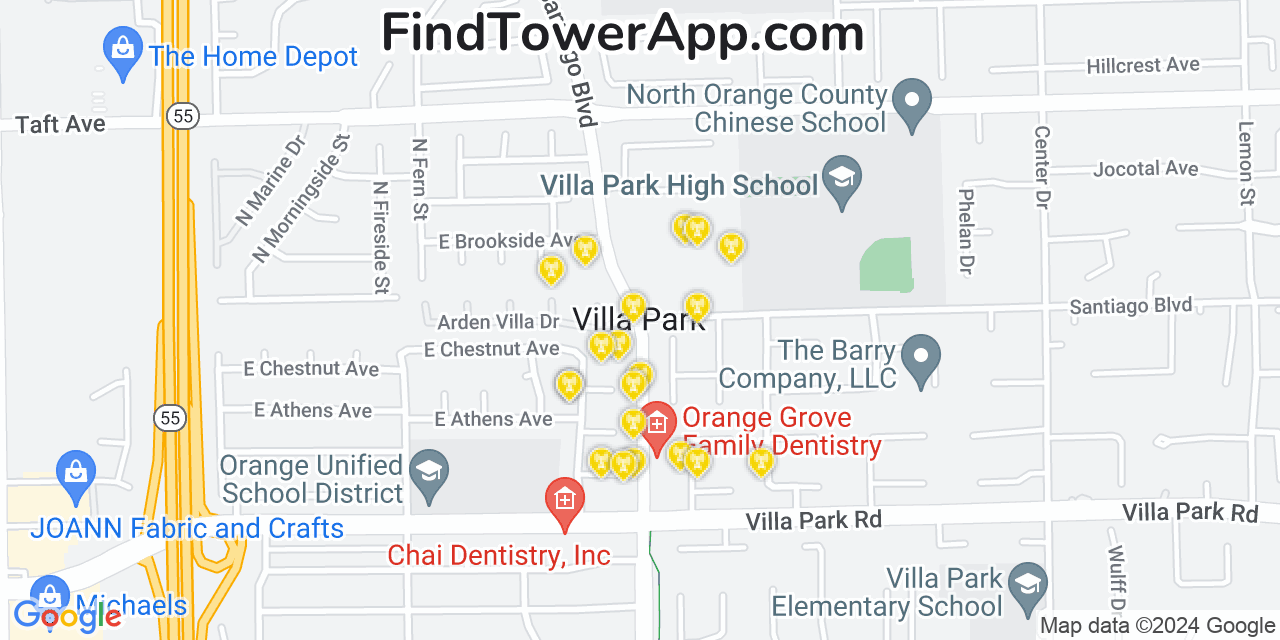 AT&T 4G/5G cell tower coverage map Villa Park, California