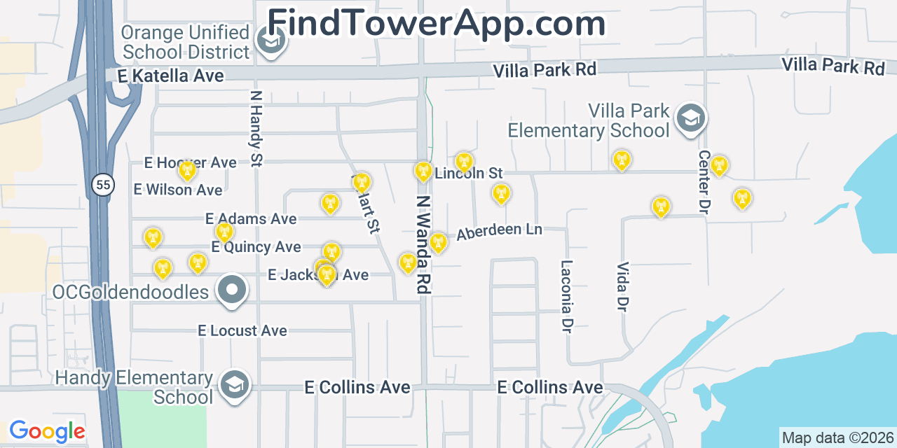 Map showing the 20 primary cell tower locations detected in Villa Park, California from AT&T, Verizon, and T-Mobile networks