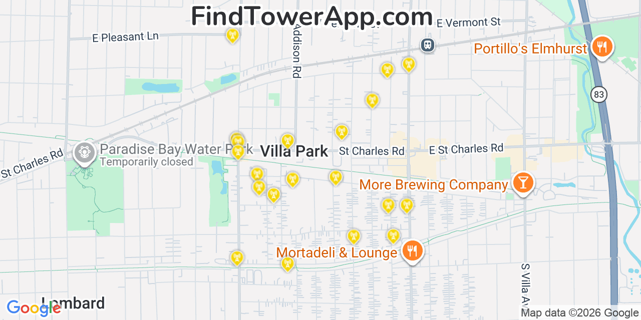 Map showing the 20 primary cell tower locations detected in Villa Park, Illinois from AT&T, Verizon, and T-Mobile networks
