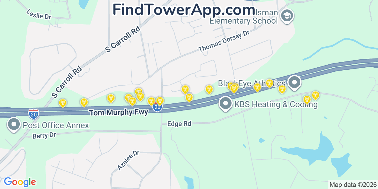 Map showing the 20 primary cell tower locations detected in Villa Rica, Georgia from AT&T, Verizon, and T-Mobile networks