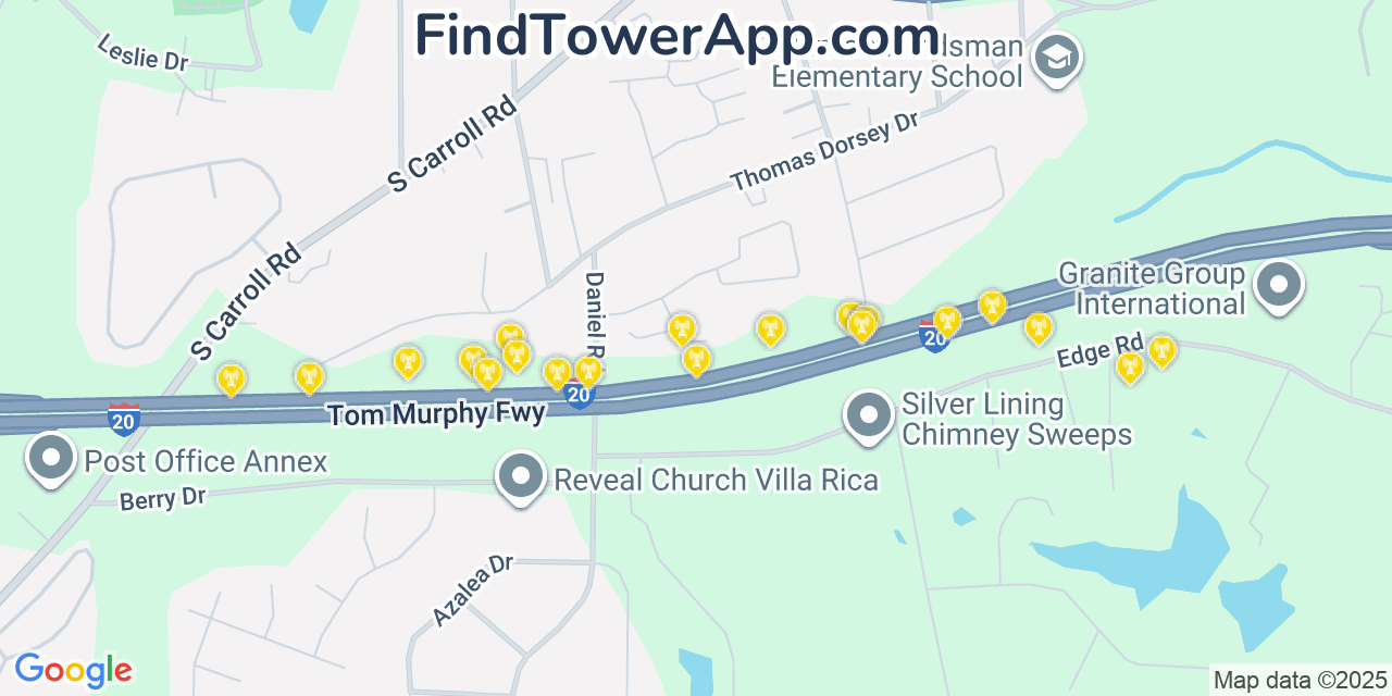 Map showing the 20 primary Mobitel cell tower locations detected in Villa Rica, Georgia with coverage radius and signal strength indicators