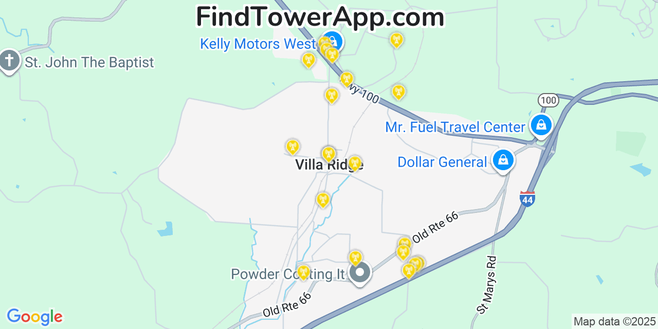 Map showing the 20 primary cell tower locations detected in Villa Ridge, Missouri from AT&T, Verizon, and T-Mobile networks
