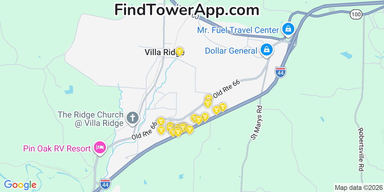 Map showing the 20 primary cell tower locations detected in Villa Ridge, Missouri from AT&T, Verizon, and T-Mobile networks