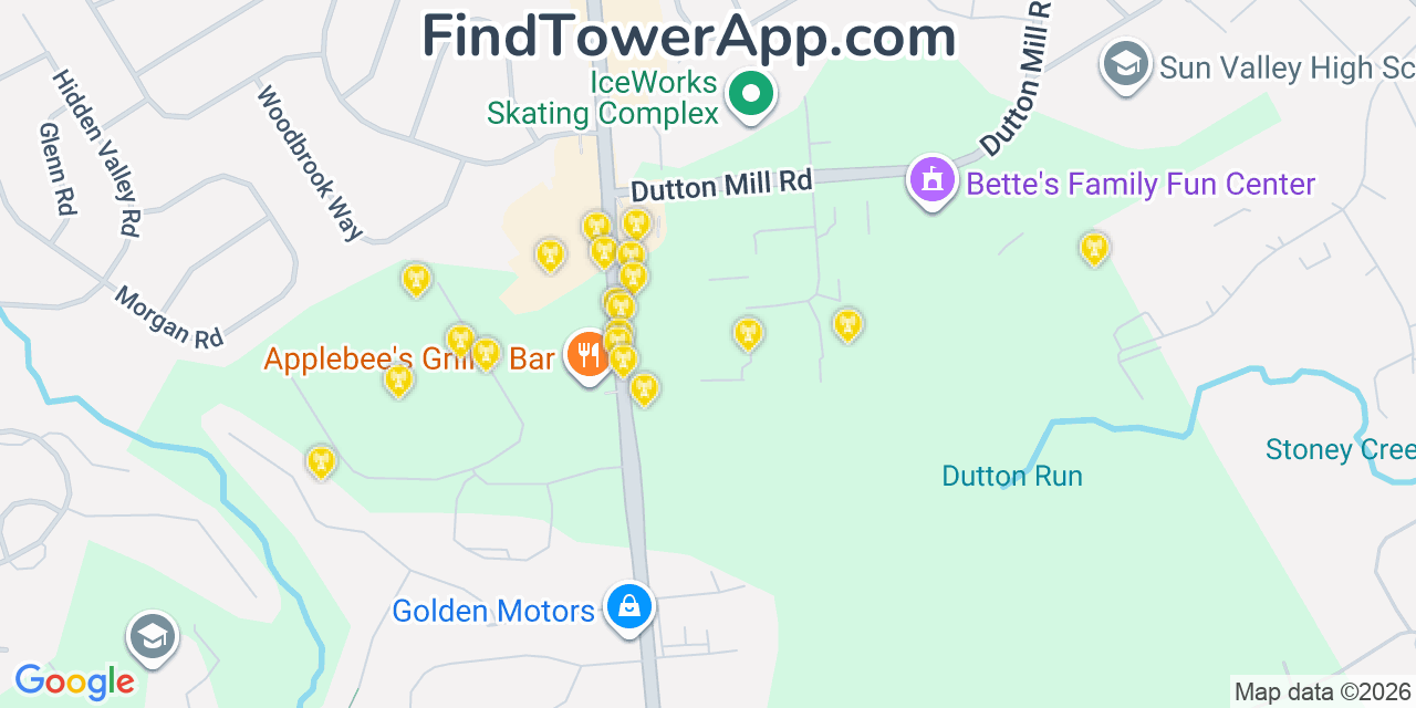 Map showing the 20 primary cell tower locations detected in Village Green Green Ridge, Pennsylvania from AT&T, Verizon, and T-Mobile networks