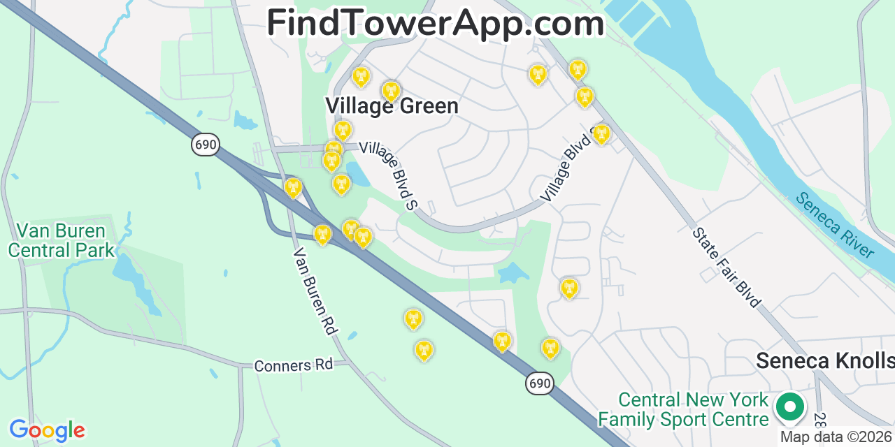 Map showing the 20 primary cell tower locations detected in Village Green, New York from AT&T, Verizon, and T-Mobile networks