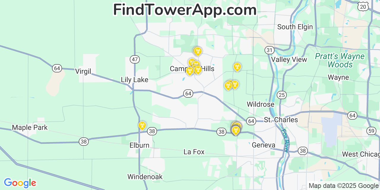 Map showing the 25 primary AT&T cell tower locations detected in Village Of Campton Hills, Illinois with coverage radius and signal strength indicators