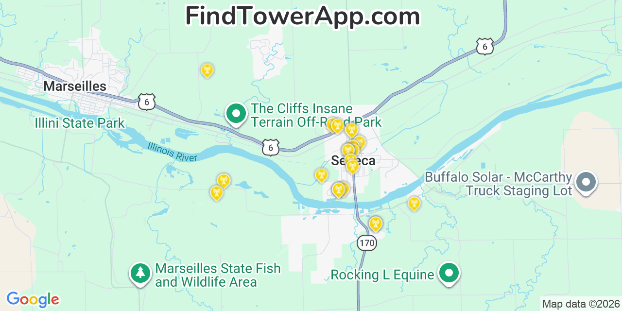 Map showing the 20 primary cell tower locations detected in Village Of Campton Hills, Illinois from AT&T, Verizon, and T-Mobile networks