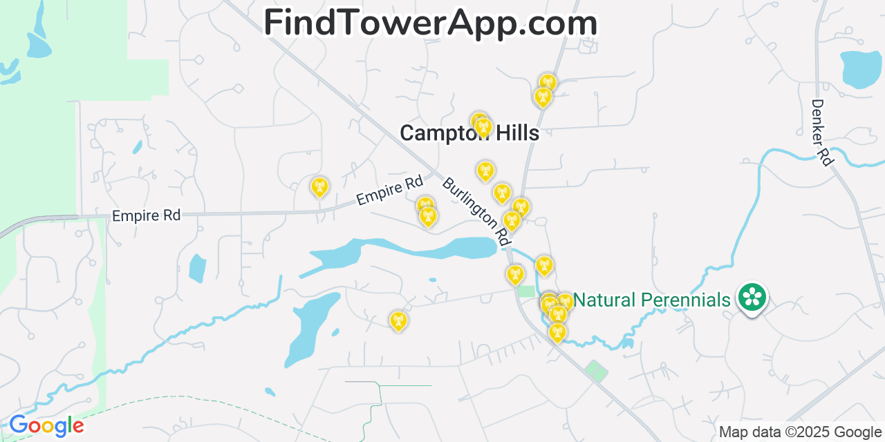 Map showing the 25 primary T-Mobile cell tower locations detected in Village Of Campton Hills, Illinois with coverage radius and signal strength indicators