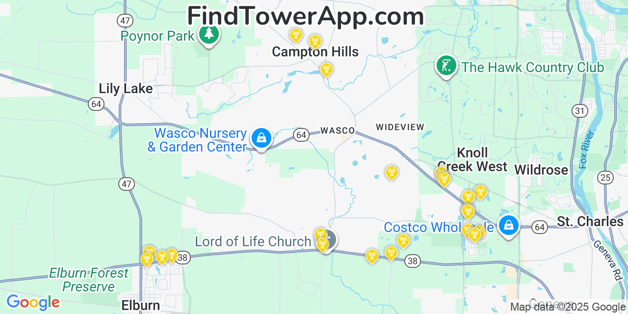 Map showing the 27 primary Verizon cell tower locations detected in Village Of Campton Hills, Illinois with coverage radius and signal strength indicators