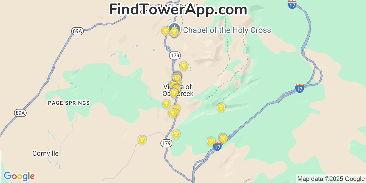 Map showing the 36 primary AT&T cell tower locations detected in Village Of Oak Creek (Big Park), Arizona with coverage radius and signal strength indicators