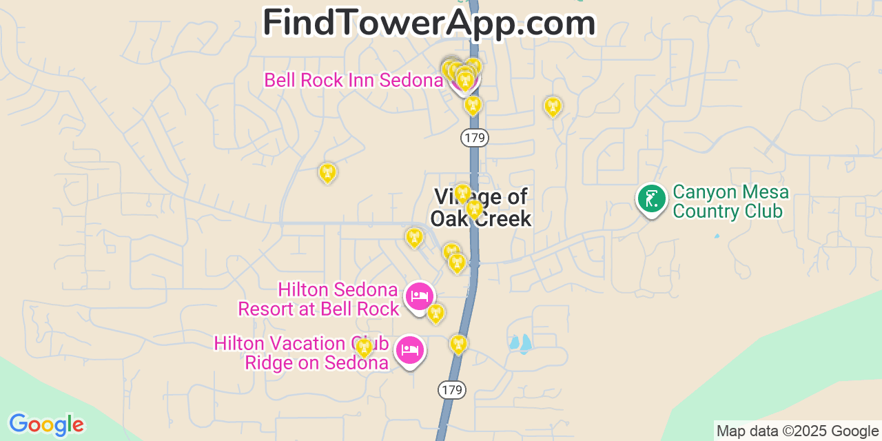 Map showing the 20 primary T-Mobile cell tower locations detected in Village Of Oak Creek (Big Park), Arizona with coverage radius and signal strength indicators