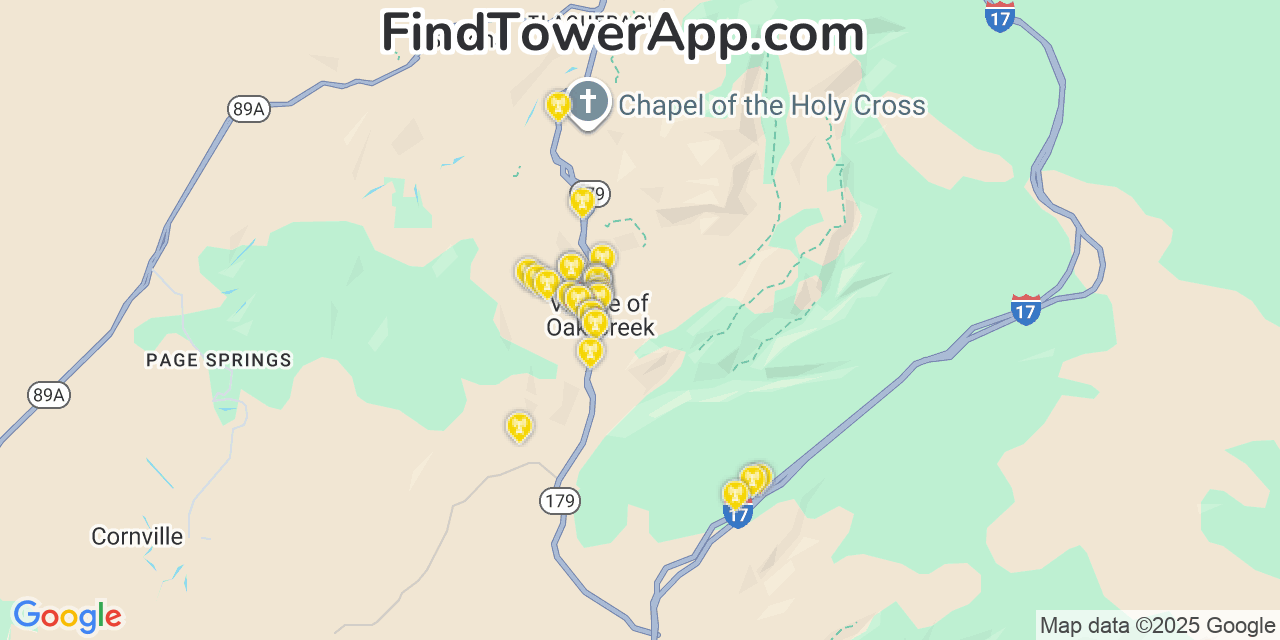 Map showing the 31 primary Verizon cell tower locations detected in Village Of Oak Creek (Big Park), Arizona with coverage radius and signal strength indicators