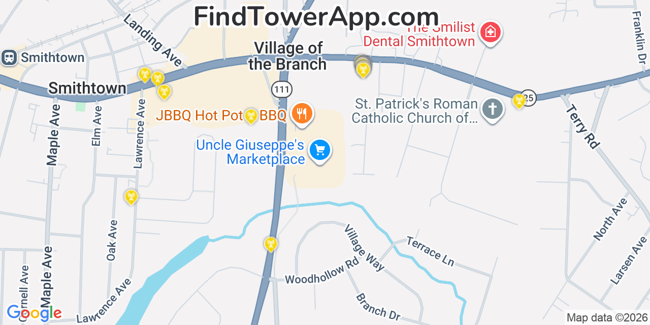 Map showing the 20 primary cell tower locations detected in Village Of The Branch, New York from AT&T, Verizon, and T-Mobile networks