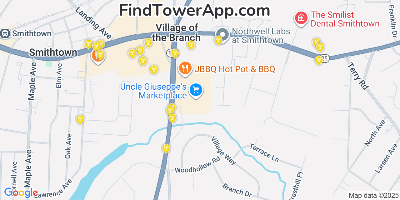 Map showing the 20 primary T-Mobile cell tower locations detected in Village Of The Branch, New York with coverage radius and signal strength indicators