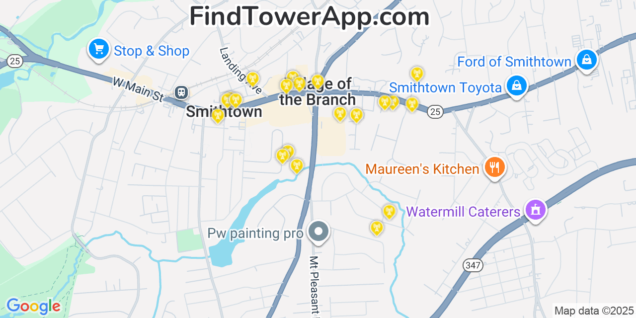 Map showing the 20 primary Verizon cell tower locations detected in Village Of The Branch, New York with coverage radius and signal strength indicators
