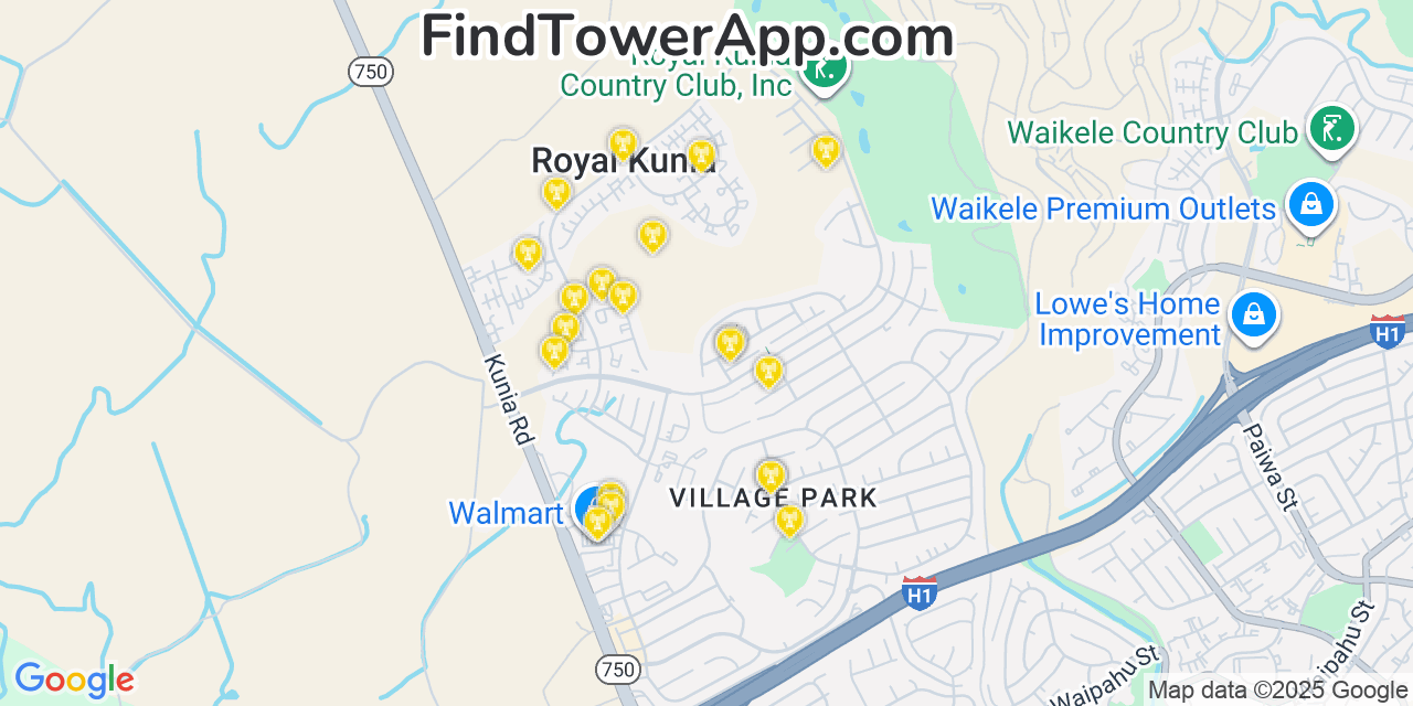 Map showing the 20 primary cell tower locations detected in Village Park, Hawaii from AT&T, Verizon, and T-Mobile networks
