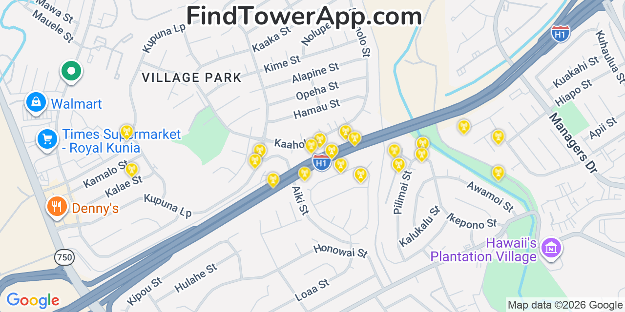 Map showing the 20 primary cell tower locations detected in Village Park, Hawaii from AT&T, Verizon, and T-Mobile networks