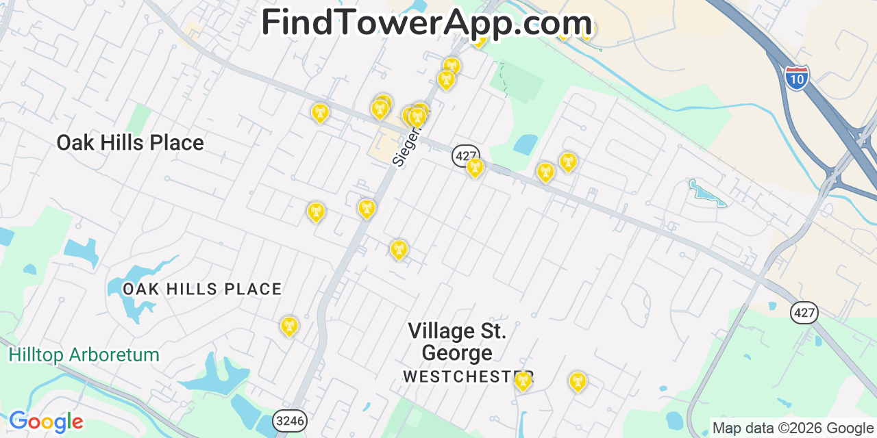 Map showing the 20 primary cell tower locations detected in Village Saint George, Louisiana from AT&T, Verizon, and T-Mobile networks