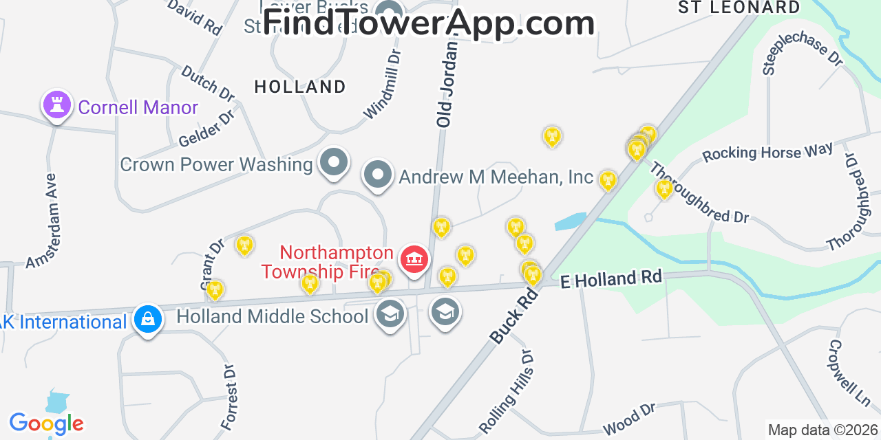 Map showing the 20 primary cell tower locations detected in Village Shires, Pennsylvania from AT&T, Verizon, and T-Mobile networks