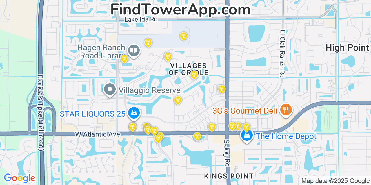 Map showing the 20 primary AT&T cell tower locations detected in Villages Of Oriole, Florida with coverage radius and signal strength indicators