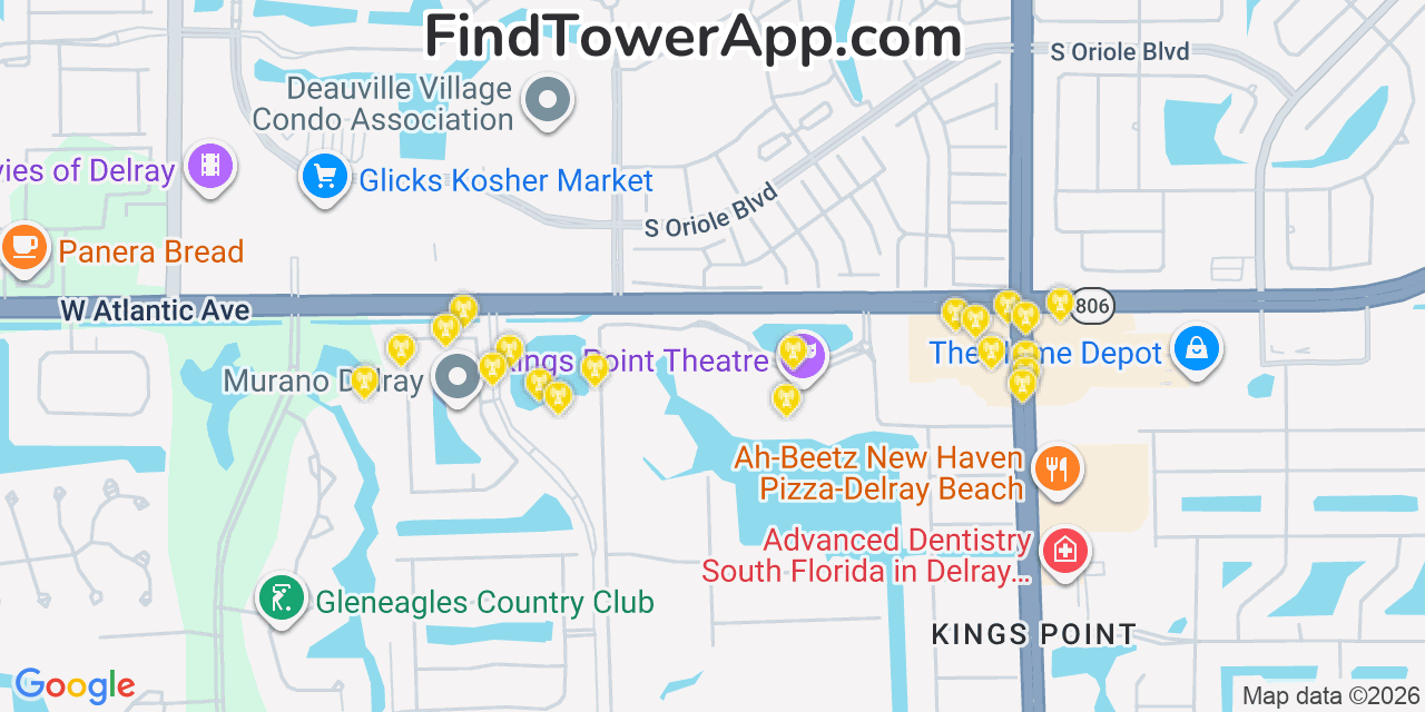 Map showing the 20 primary cell tower locations detected in Villages Of Oriole, Florida from AT&T, Verizon, and T-Mobile networks