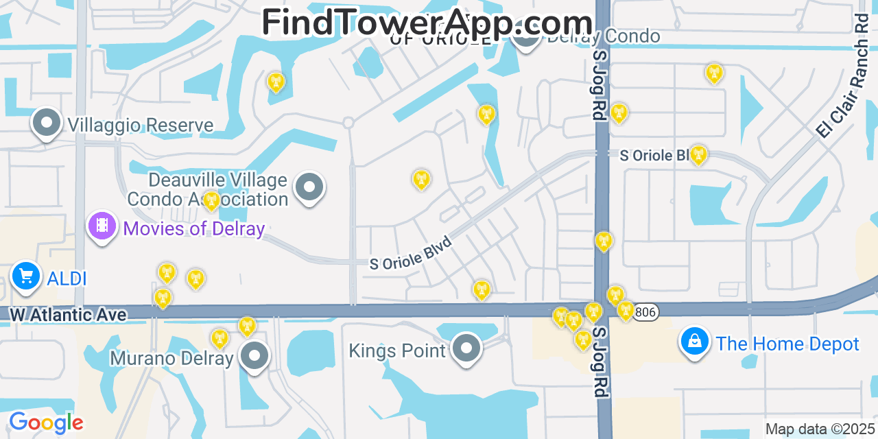 Map showing the 20 primary T-Mobile cell tower locations detected in Villages Of Oriole, Florida with coverage radius and signal strength indicators
