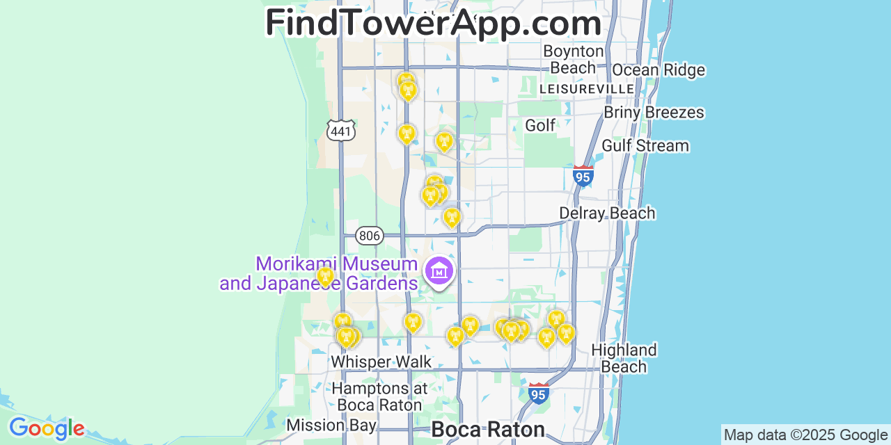 Map showing the 27 primary Verizon cell tower locations detected in Villages Of Oriole, Florida with coverage radius and signal strength indicators