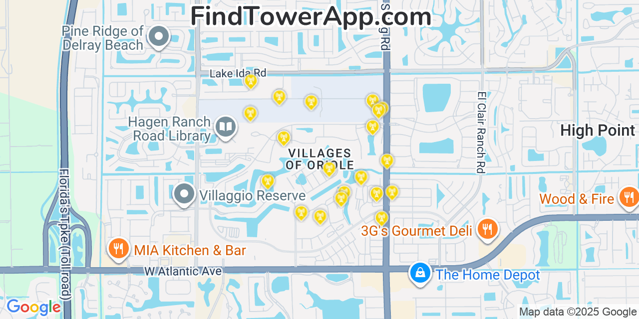 Map showing the 20 primary cell tower locations detected in Villages of Oriole, Florida from AT&T, Verizon, and T-Mobile networks