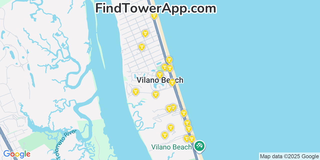 Map showing the 20 primary cell tower locations detected in Villano Beach, Florida from AT&T, Verizon, and T-Mobile networks