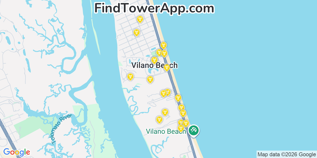 Map showing the 20 primary cell tower locations detected in Villano Beach, Florida from AT&T, Verizon, and T-Mobile networks