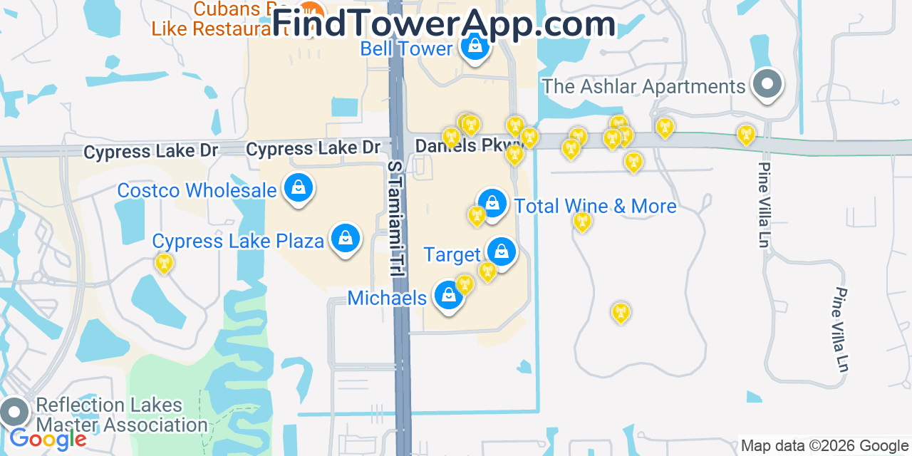 Map showing the 20 primary cell tower locations detected in Villas, Florida from AT&T, Verizon, and T-Mobile networks