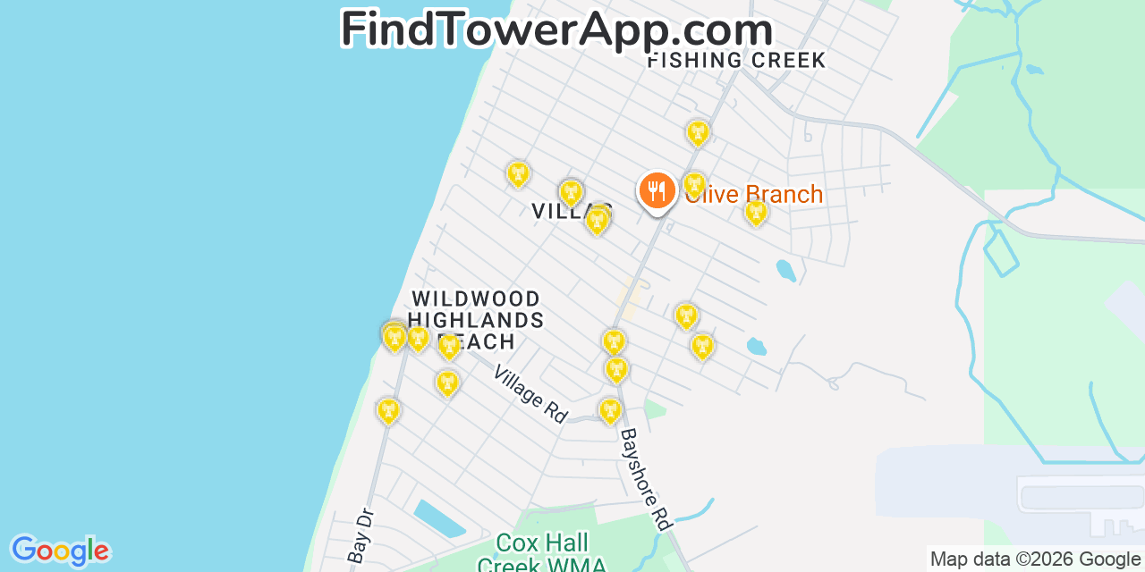 Map showing the 20 primary cell tower locations detected in Villas, New Jersey from AT&T, Verizon, and T-Mobile networks