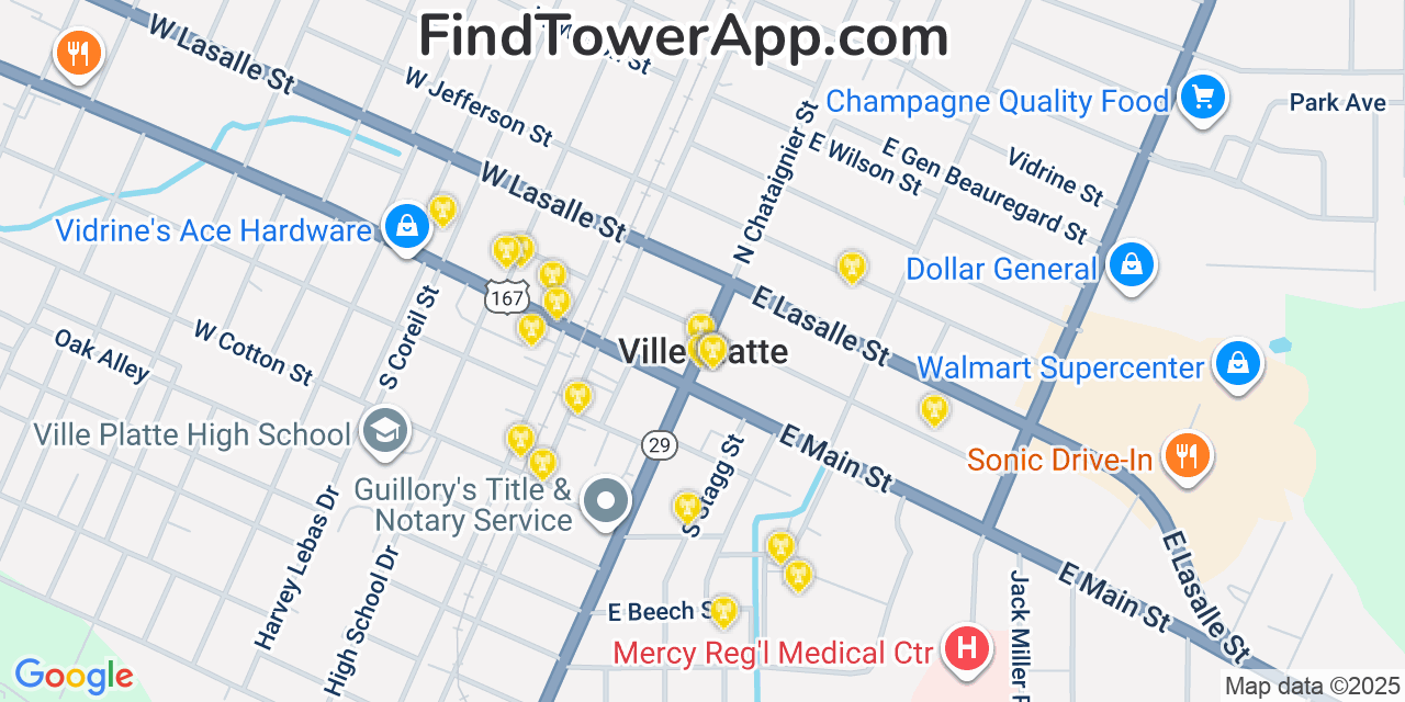 Map showing the 20 primary cell tower locations detected in Ville Platte, Louisiana from AT&T, Verizon, and T-Mobile networks