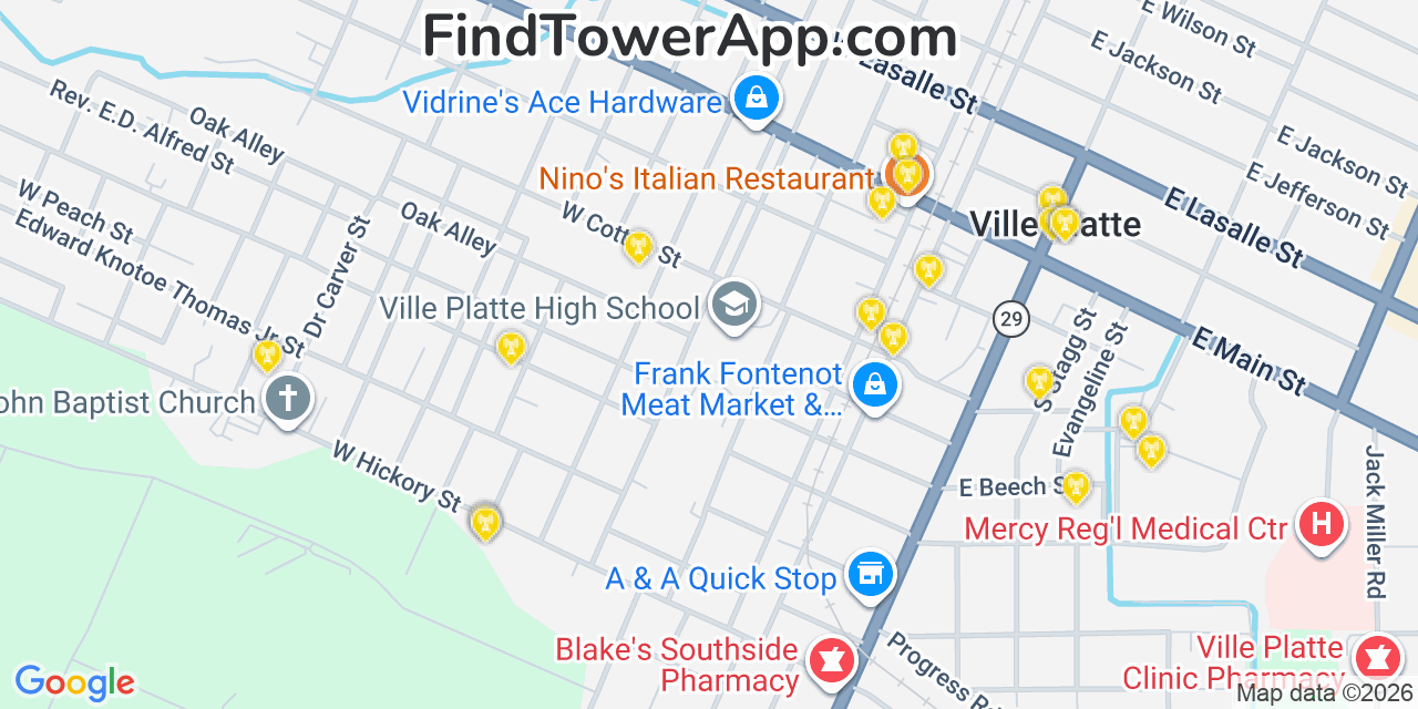 Map showing the 20 primary cell tower locations detected in Ville Platte, Louisiana from AT&T, Verizon, and T-Mobile networks