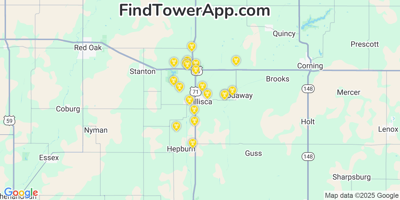 Map showing the 20 primary cell tower locations detected in Villisca, Iowa from AT&T, Verizon, and T-Mobile networks
