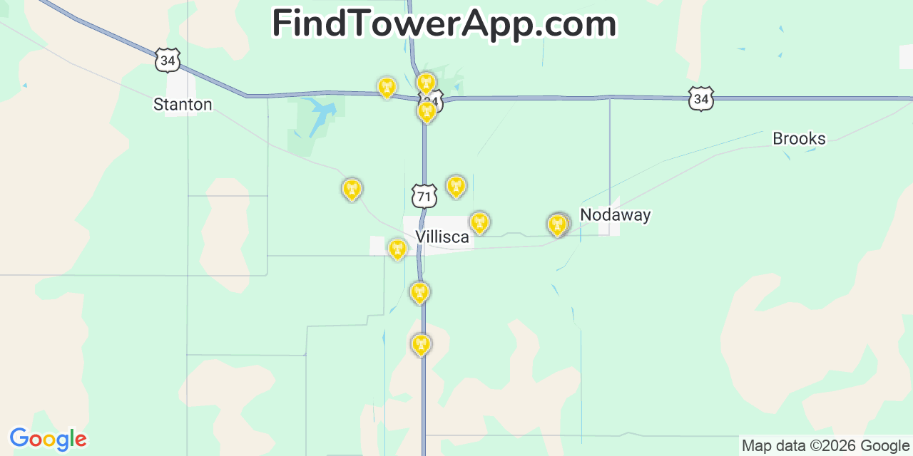 Map showing the 20 primary cell tower locations detected in Villisca, Iowa from AT&T, Verizon, and T-Mobile networks