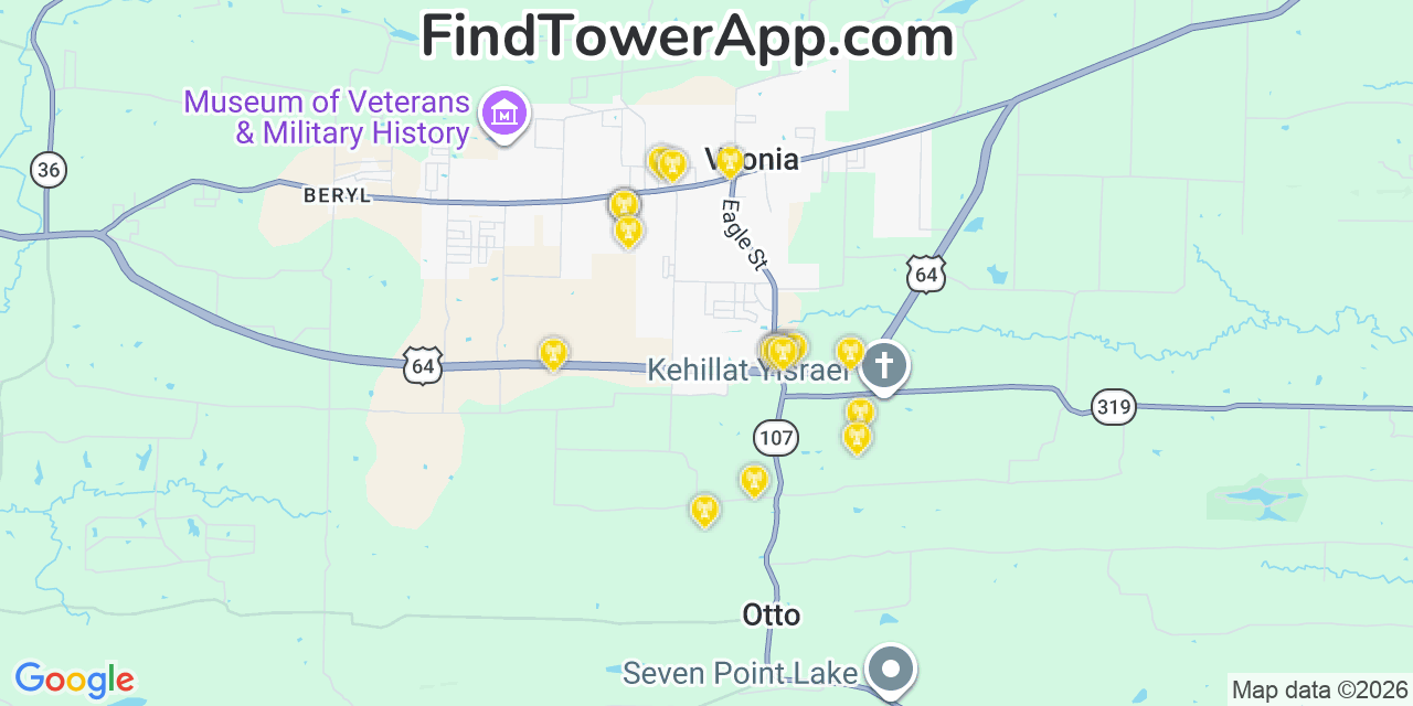 Map showing the 20 primary cell tower locations detected in Vilonia, Arkansas from AT&T, Verizon, and T-Mobile networks