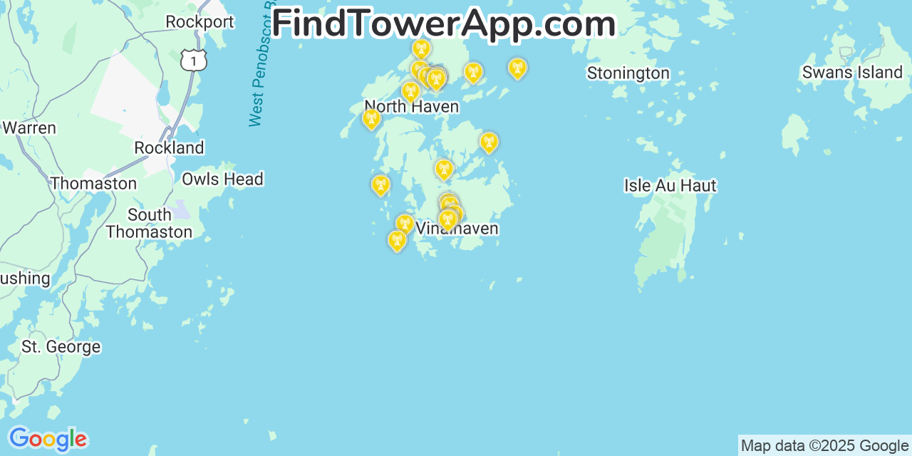 Map showing the 20 primary cell tower locations detected in Vinalhaven, Maine from AT&T, Verizon, and T-Mobile networks
