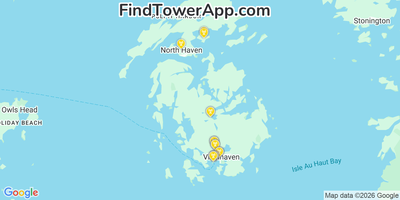 Map showing the 20 primary cell tower locations detected in Vinalhaven, Maine from AT&T, Verizon, and T-Mobile networks