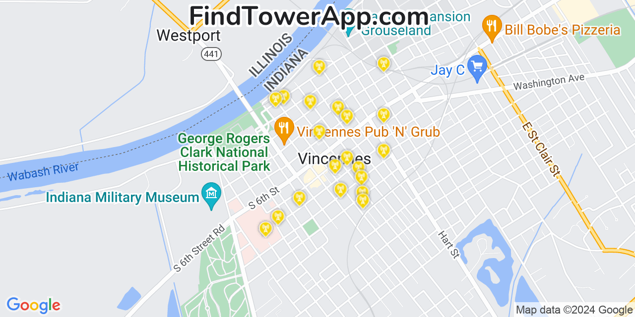 AT&T 4G/5G cell tower coverage map Vincennes, Indiana