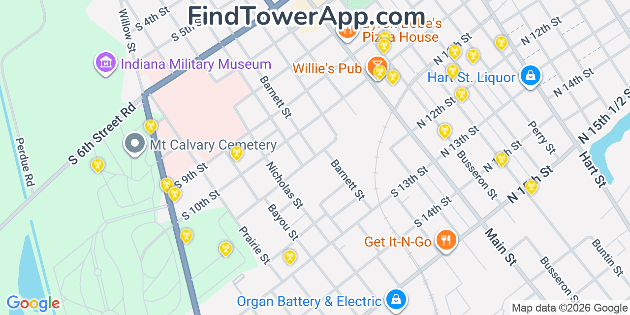 Map showing the 20 primary cell tower locations detected in Vincennes, Indiana from AT&T, Verizon, and T-Mobile networks