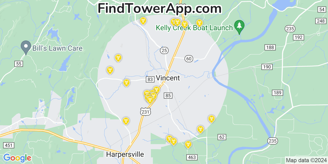 AT&T 4G/5G cell tower coverage map Vincent, Alabama