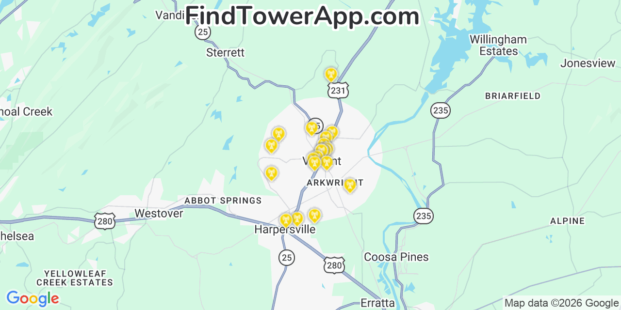 Map showing the 20 primary cell tower locations detected in Vincent, Alabama from AT&T, Verizon, and T-Mobile networks