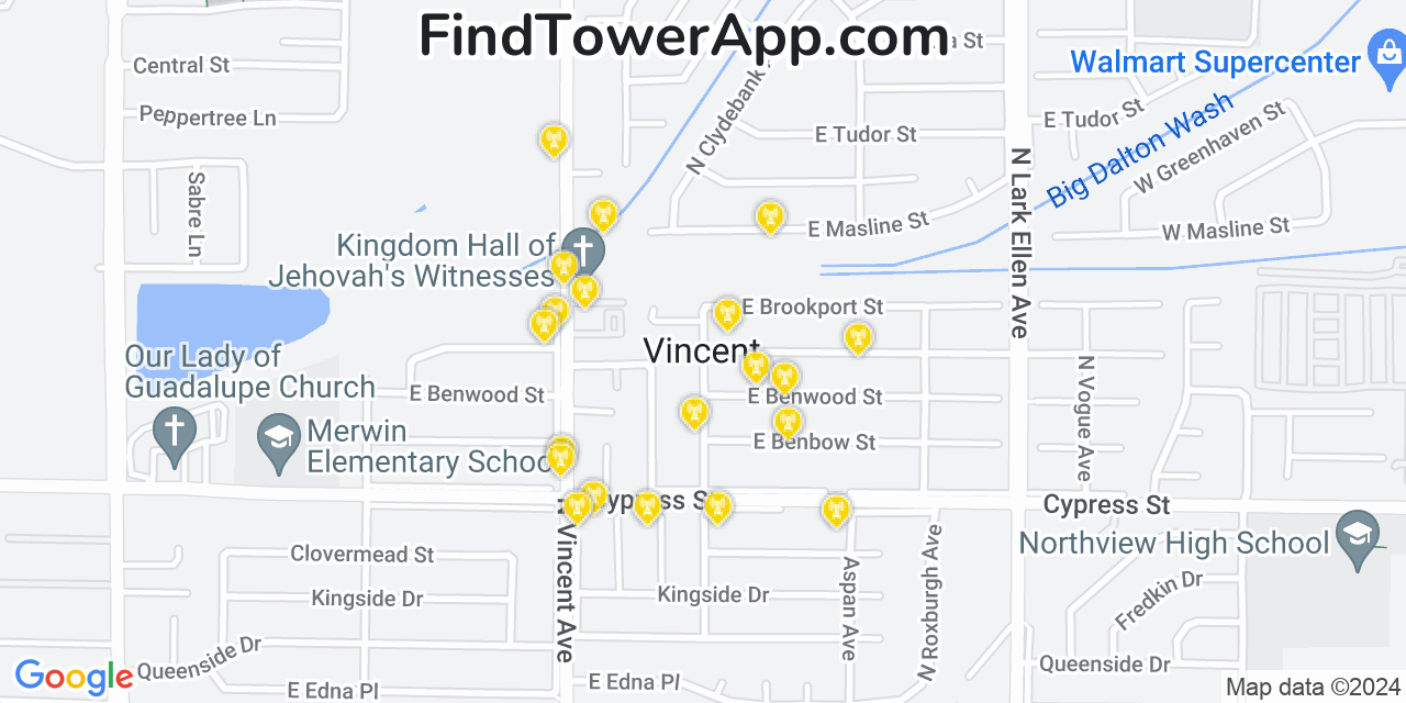 AT&T 4G/5G cell tower coverage map Vincent, California