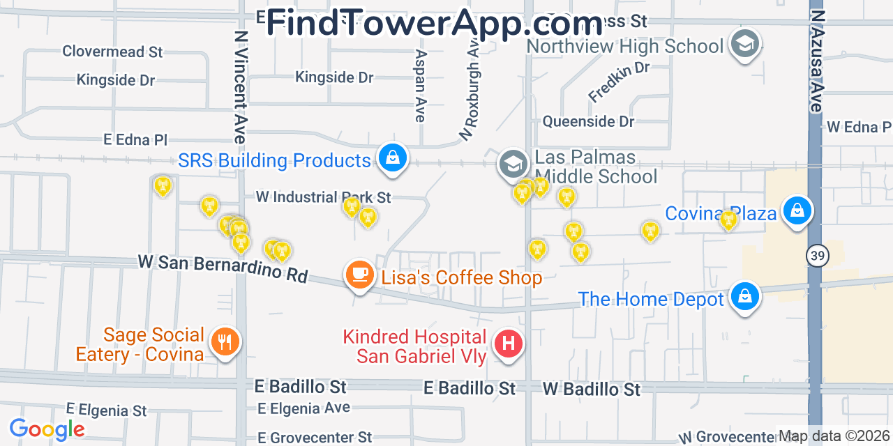 Map showing the 20 primary cell tower locations detected in Vincent, California from AT&T, Verizon, and T-Mobile networks
