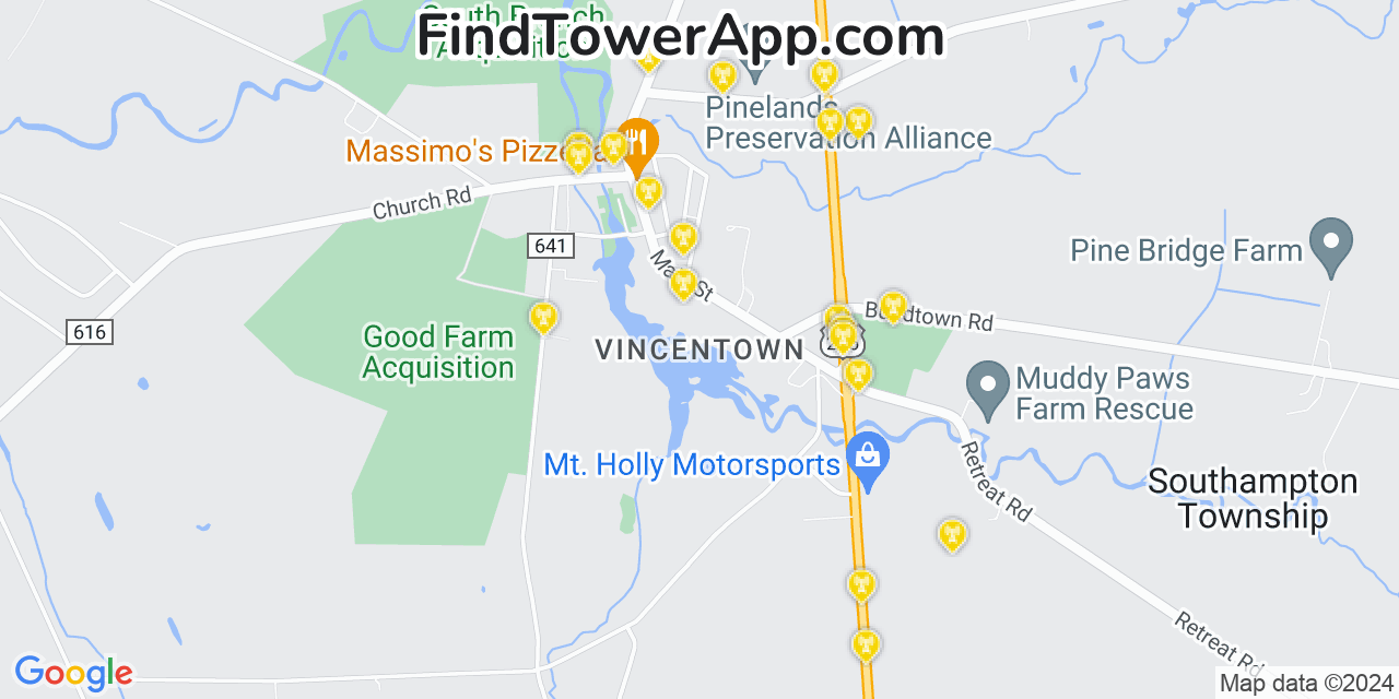 AT&T 4G/5G cell tower coverage map Vincentown, New Jersey