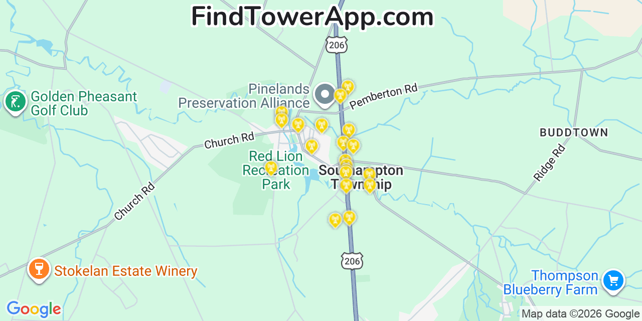 Map showing the 20 primary cell tower locations detected in Vincentown, New Jersey from AT&T, Verizon, and T-Mobile networks