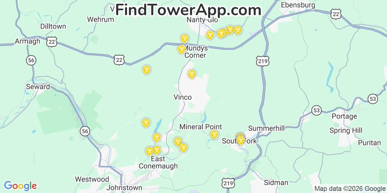 Map showing the 20 primary cell tower locations detected in Vinco, Pennsylvania from AT&T, Verizon, and T-Mobile networks