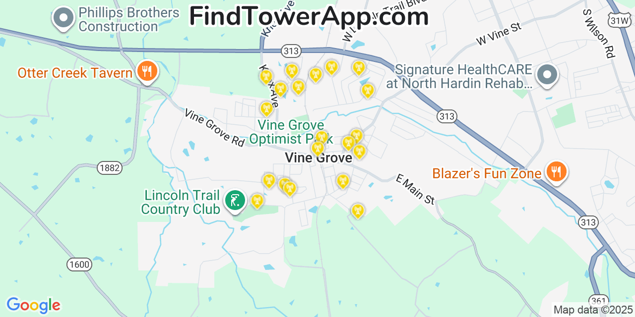 Map showing the 20 primary cell tower locations detected in Vine Grove, Kentucky from AT&T, Verizon, and T-Mobile networks