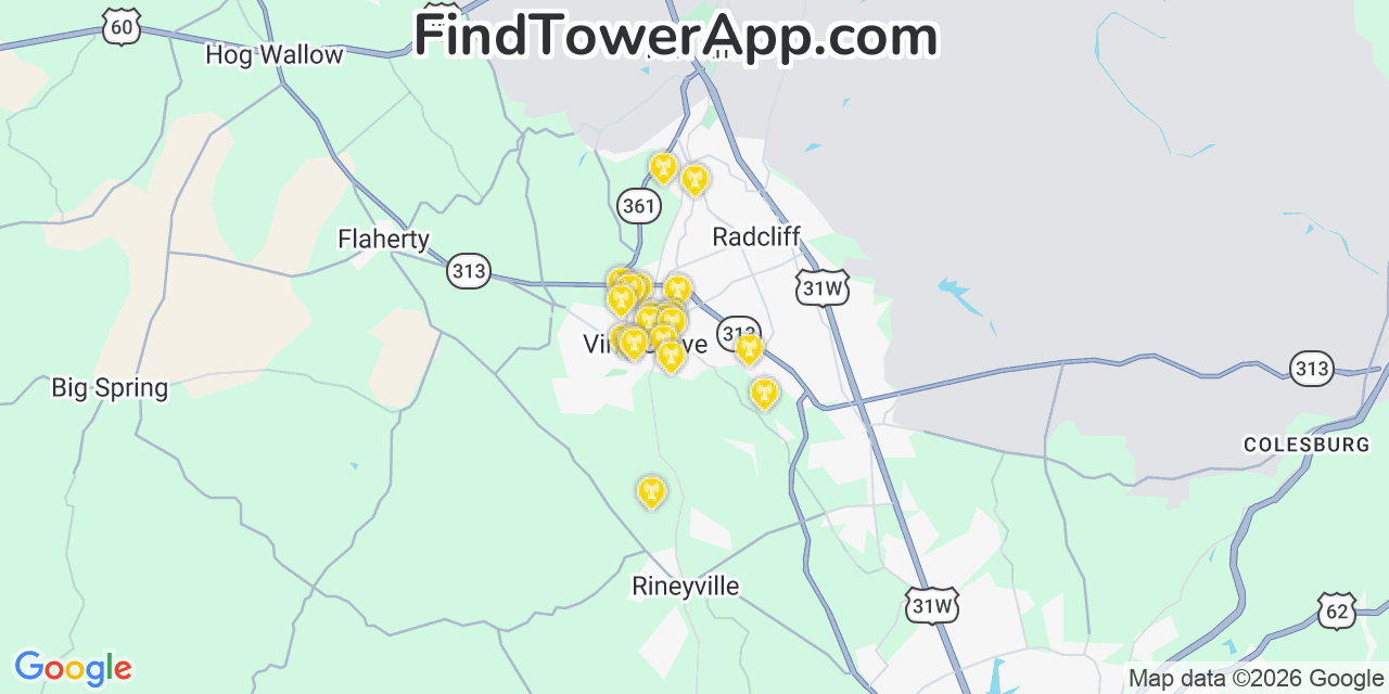 Map showing the 20 primary cell tower locations detected in Vine Grove, Kentucky from AT&T, Verizon, and T-Mobile networks
